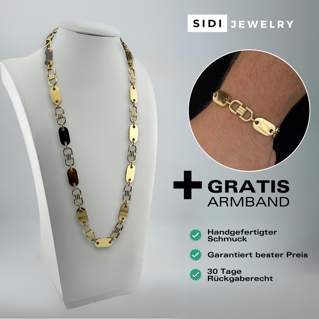 Gratis Armband - Plattenkette Set - 13mm - Edelstahl mit 14k Vergoldung