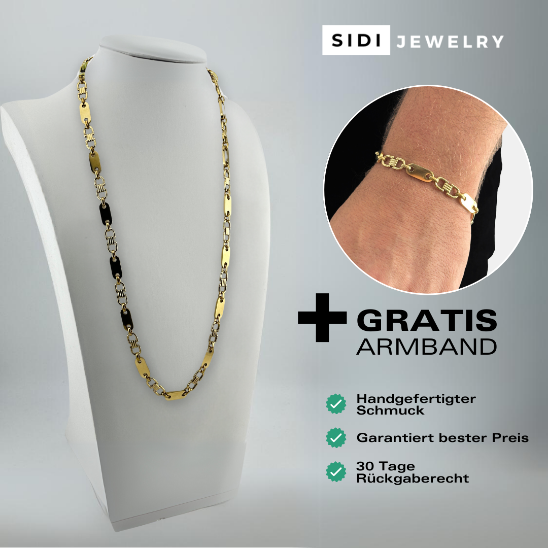 Gratis Armband - Plattenkette Set - 8mm - Edelstahl mit 14k Vergoldung