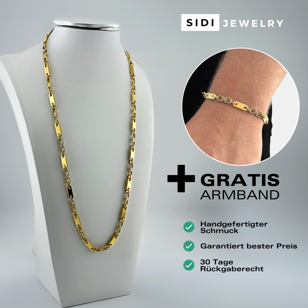 Gratis Armband - Plattenkette Set - 6mm - Edelstahl mit 14k Vergoldung